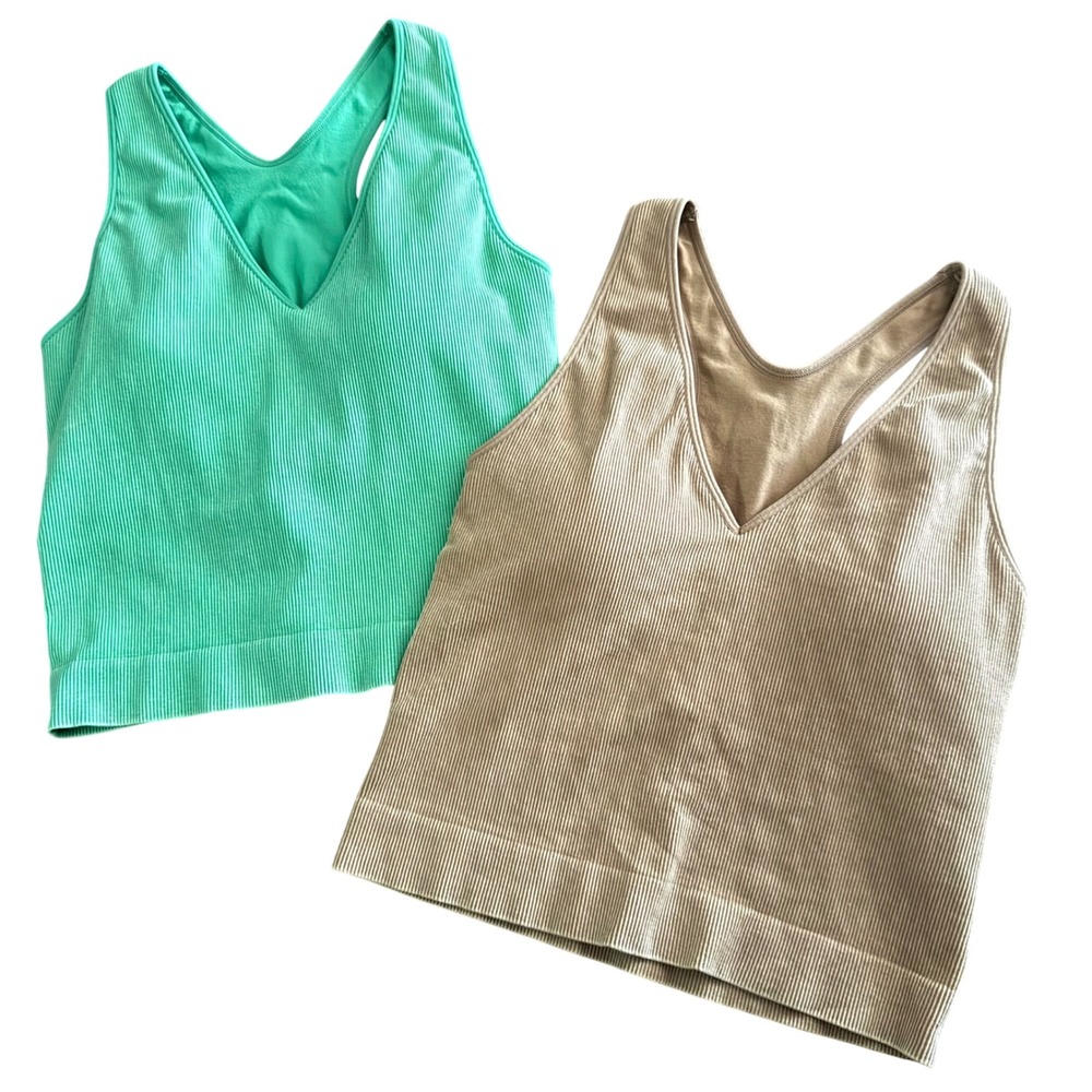 JoyLab Set of 2 Ribbed Build in Bra Tanks Green & Tan – Size S (Tags removed)
